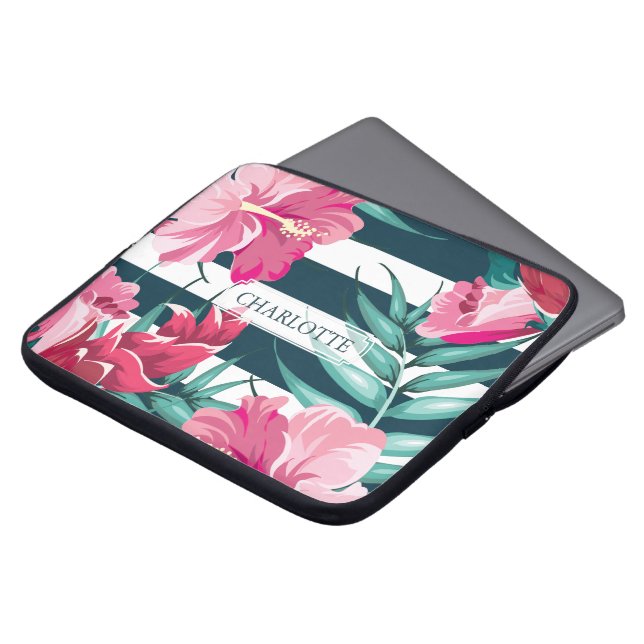 Funda Para Portátil Flores exóticas Monograma a rayas (Superior anverso)