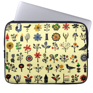 Funda Para Portátil Flores folclóricas y pájaros coloridos
