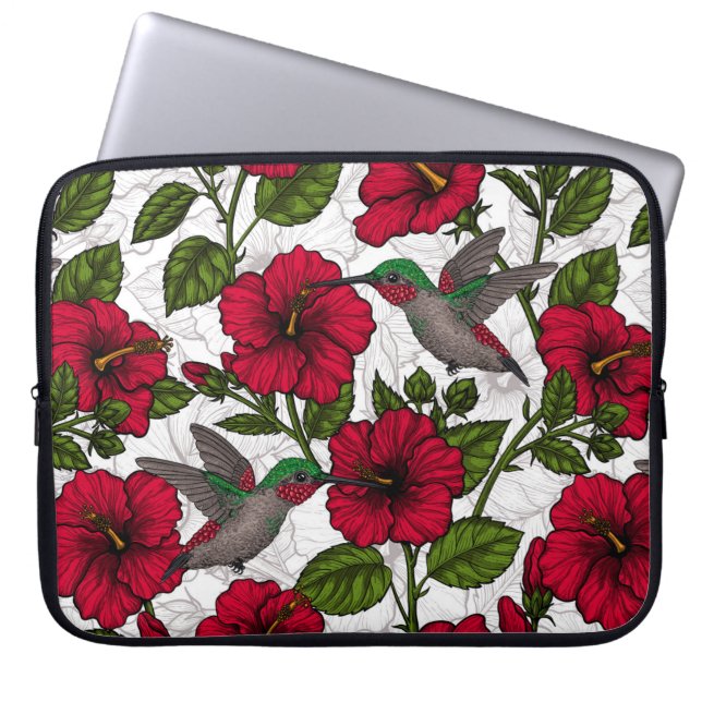 Funda Para Portátil Flores hibiscus y colibríes (Frente)