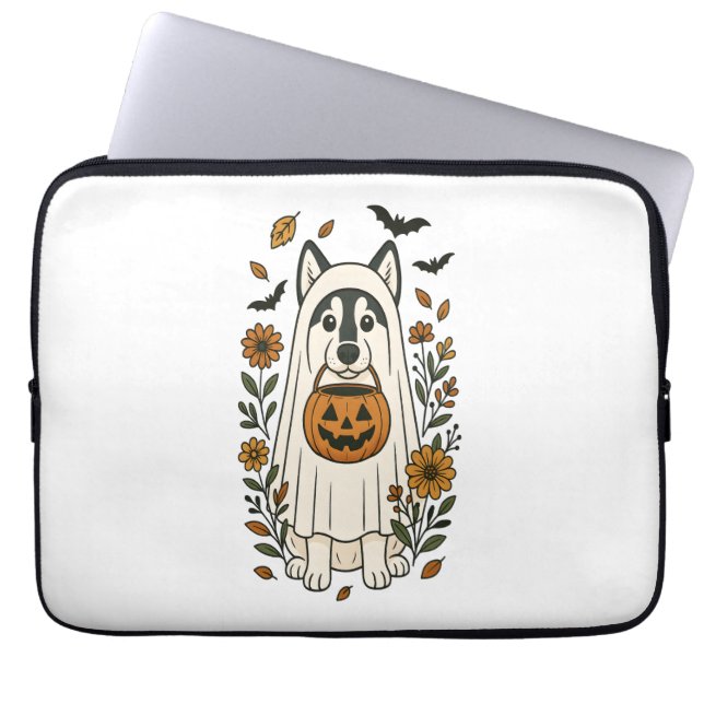 Funda Para Portátil Flores Husky Siberianas de Halloween (Frente)