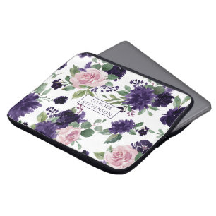 Funda Para Portátil Flores Monograma del patrón púrpura y rosa