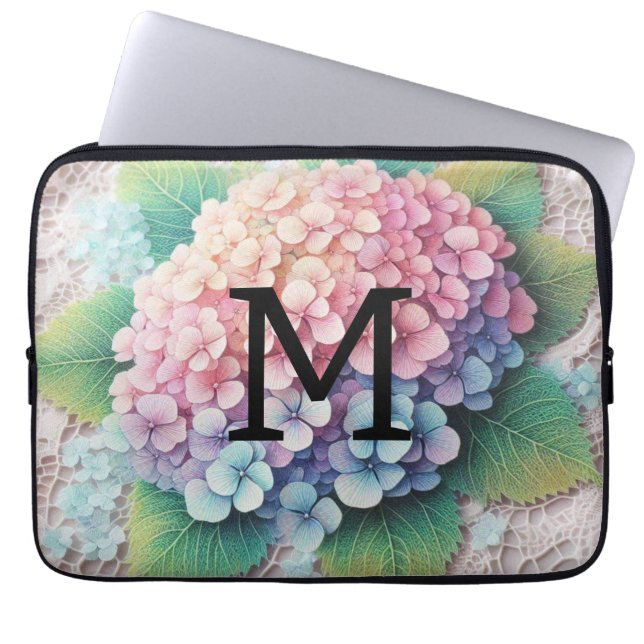 Funda Para Portátil Flores monogramo de encaje rosa purga hidrangea (Frente)