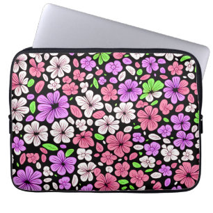 Funda Para Portátil Flores Moradas y Rosadas y Patrón de Pétalos Negro