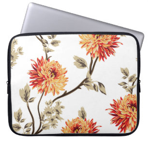 Funda Para Portátil flores naranjas lindas con un patrón de hojas marr