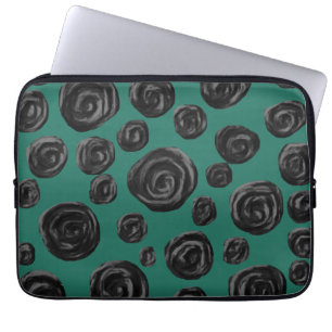 Funda Para Portátil Flores negras en verde de jade