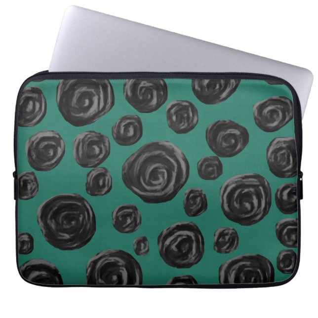 Funda Para Portátil Flores negras en verde de jade (Frente)