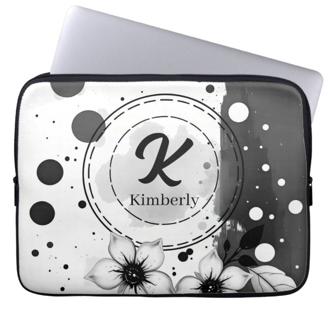 Funda Para Portátil Flores negras y blancas con problemas (Frente)