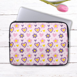Funda Para Portátil Flores Retro Corazones Patrón Rosa, Morado, Amaril