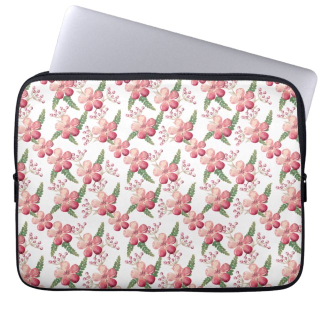 Funda Para Portátil Flores rojas y bayas con hojas verdes (Frente)
