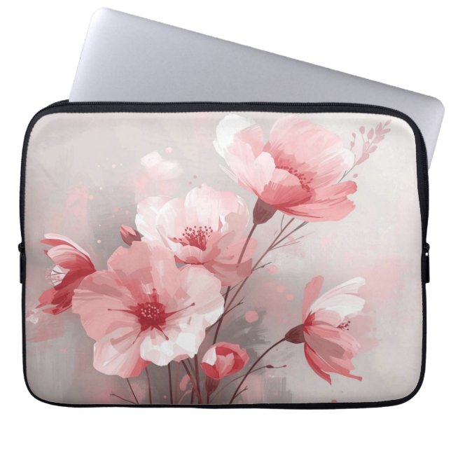 Funda Para Portátil Flores rosadas, blancas y grises (Frente)