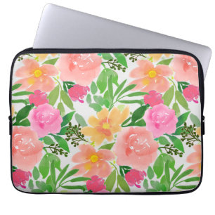 Funda Para Portátil Flores rosadas y hojas verdes de acuarela