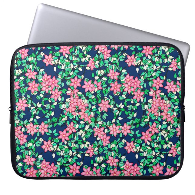 Funda Para Portátil Flores rosas, fondo azul oscuro (Frente)
