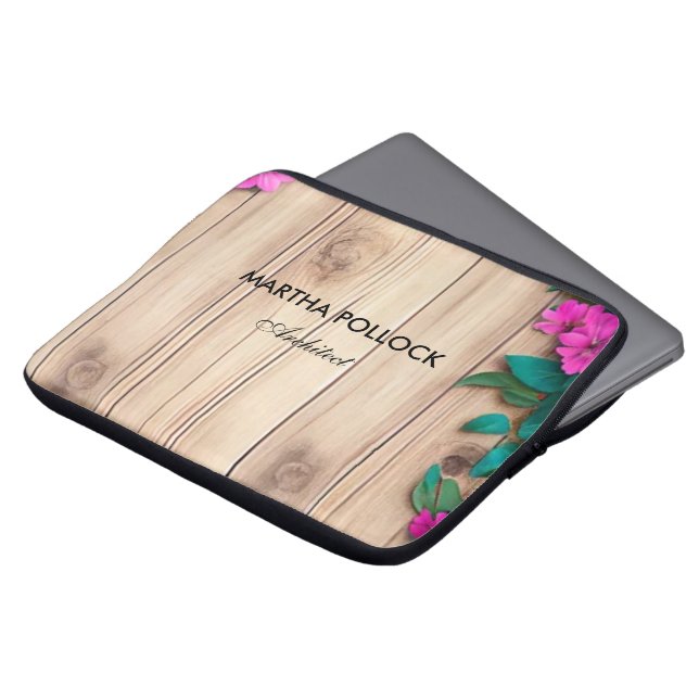 Funda Para Portátil Flores rosas madera marrón (Superior anverso)