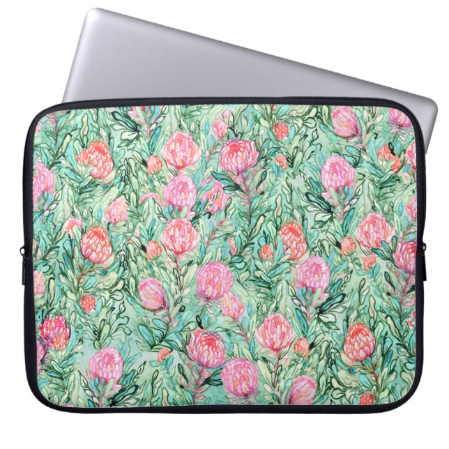Funda Para Portátil Flores rosas, verde salvia, sin costuras. (Frente)