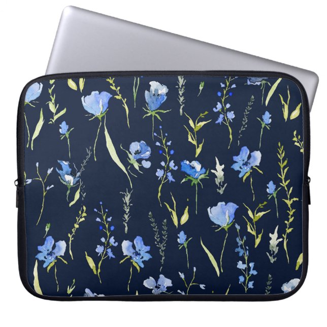 Funda Para Portátil Flores Rusticas Azules: Ilustracion Botánico. (Frente)