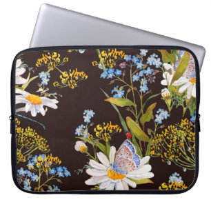 Funda Para Portátil Flores silvestres: acuarela de fondo negro