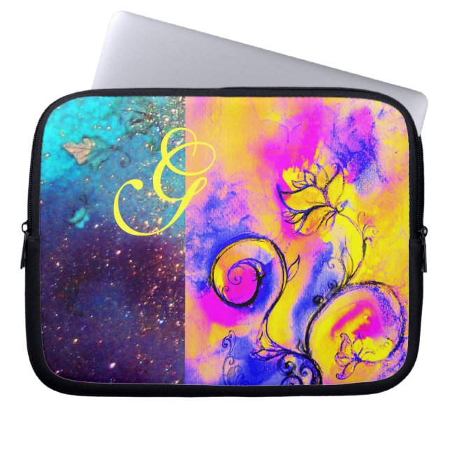 Funda Para Portátil FLORES SIMILARES MONOGRAMA Azul amarillo rosado (Frente)