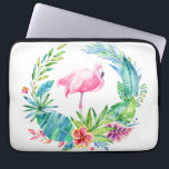 Funda Para Portátil Flores tropicales de flor de flores y flamencos ro<br><div class="desc">Coloridas acuarelas ilustracion flores tropicales flamencos y flamingo rosa. Fondo de personalizable blanco.</div>