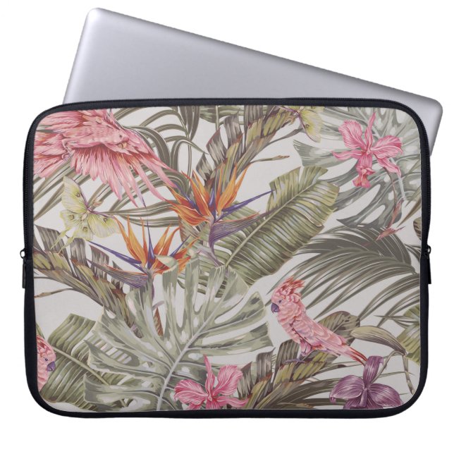 Funda Para Portátil Flores tropicales, hojas de palma, pájaro del para (Frente)