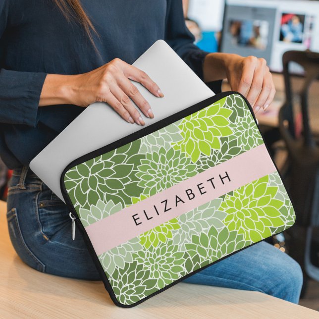 Funda Para Portátil Flores verdes de Dahlia, patrón floral, tu nombre (Subido por el creador)