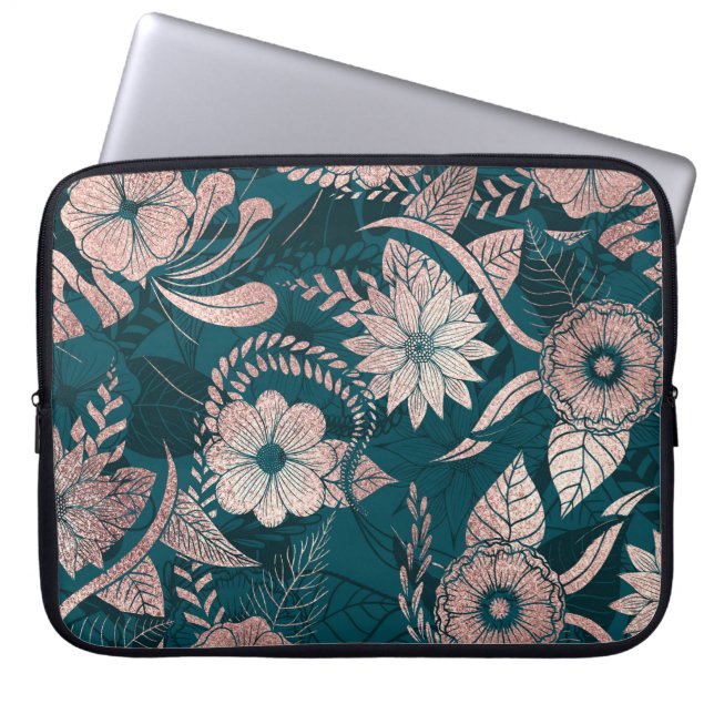 Funda Para Portátil Flores verdes esmeraldas de oro Rosa moderno Artsy (Frente)