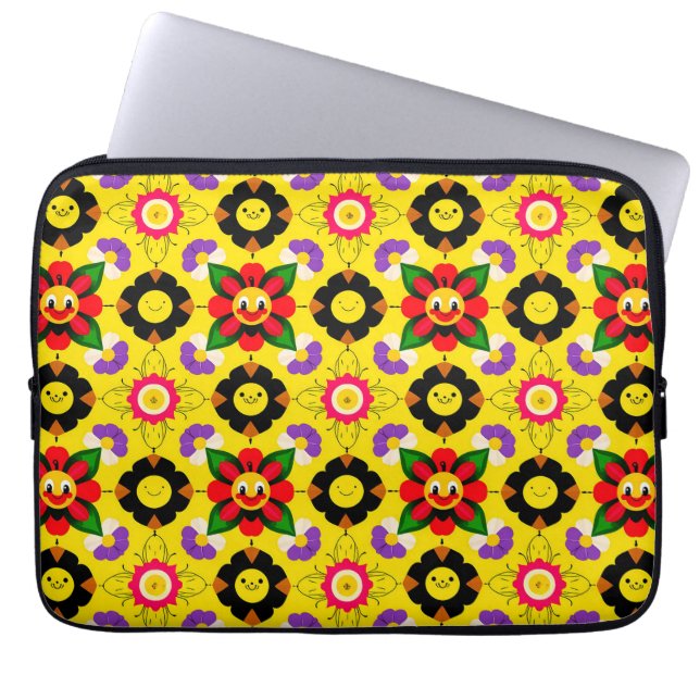 Funda Para Portátil Flores y abejas sonrientes personalizados (Frente)