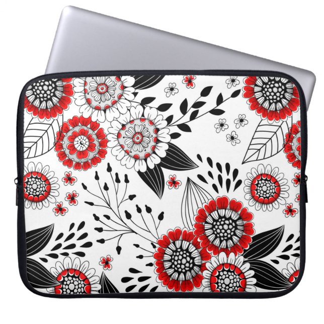 Funda Para Portátil Flores y hojas de perro en rojo y negro (Frente)