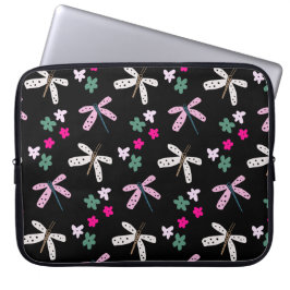 Funda Para Portátil Flores y libélulas en negro