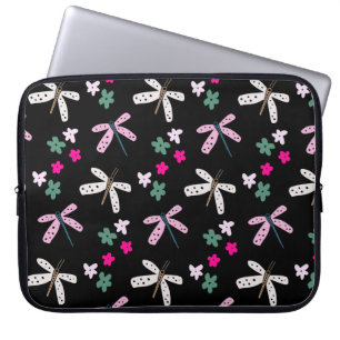 Funda Para Portátil Flores y libélulas en negro