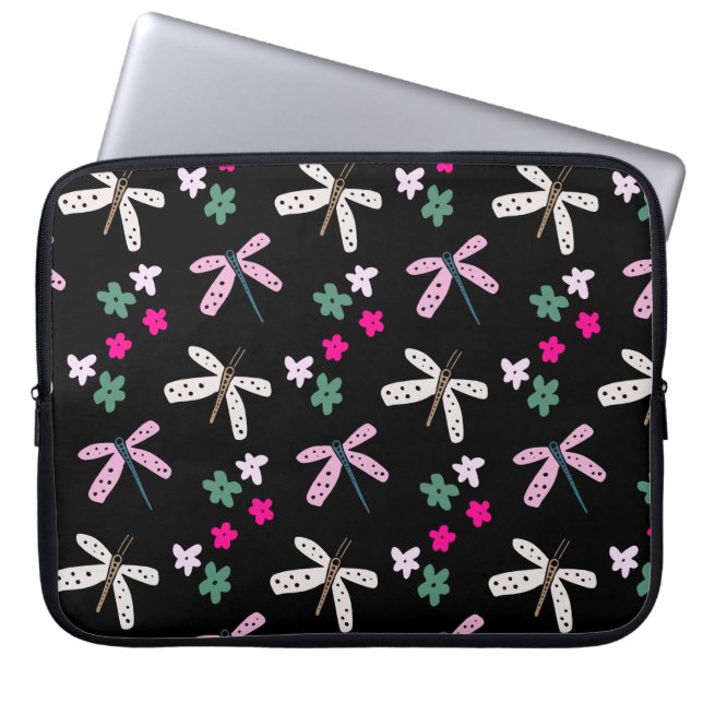 Funda Para Portátil Flores y libélulas en negro (Frente)