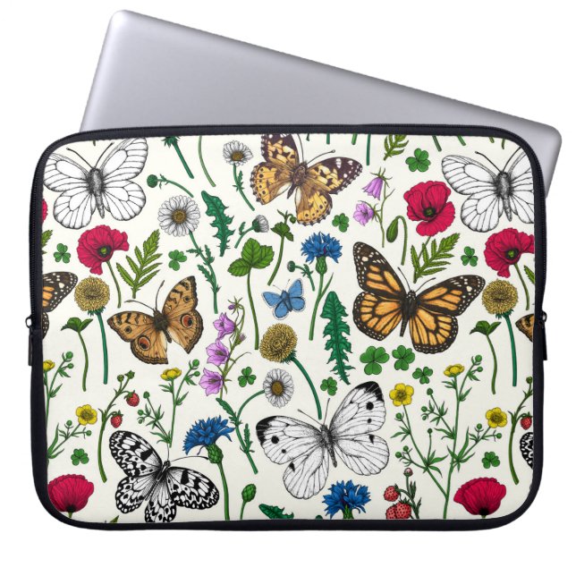 Funda Para Portátil Flores y mariposas silvestres en blanco (Frente)