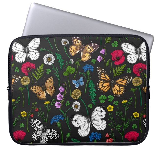 Funda Para Portátil Flores y mariposas silvestres en negro (Frente)