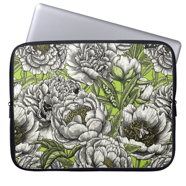 Funda Para Portátil Flores y polillas de peones blancos (Frente)