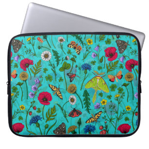 Funda Para Portátil Flores y polillas silvestres en verde azulado