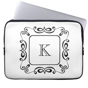 Funda Para Portátil Floritura Inicial Monograma Remolino Blanco Negro