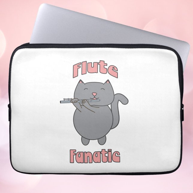 Funda Para Portátil Flute Fanatic Gray Cat Pink (A laptop sleeve with a cute flute playing gray cat and the words flute fanatic in pink.)