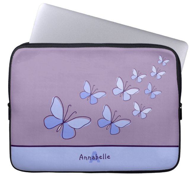 Funda Para Portátil Flutter de mariposa en azul - Nombre e inicio (Frente)