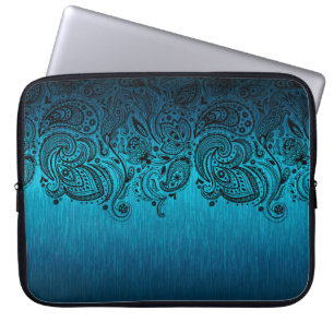 Funda Para Portátil Fondo Azul Metálico Con Lazo De Paisley Negro