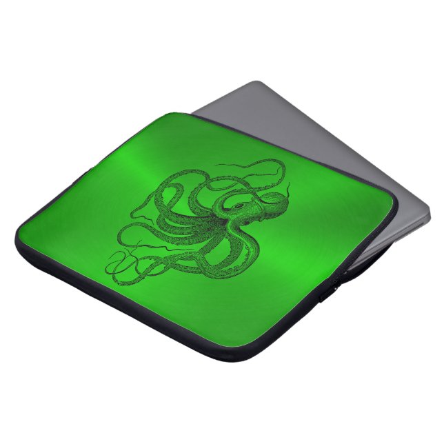 Funda Para Portátil Fondo verde con un pulpo náutico negro (Superior anverso)