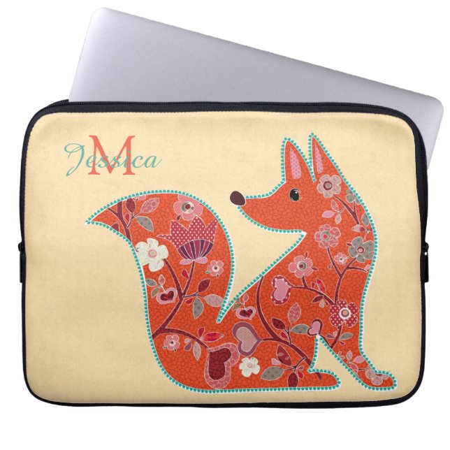 Funda Para Portátil Fox de patrón de flor de arte folclórico (Frente)