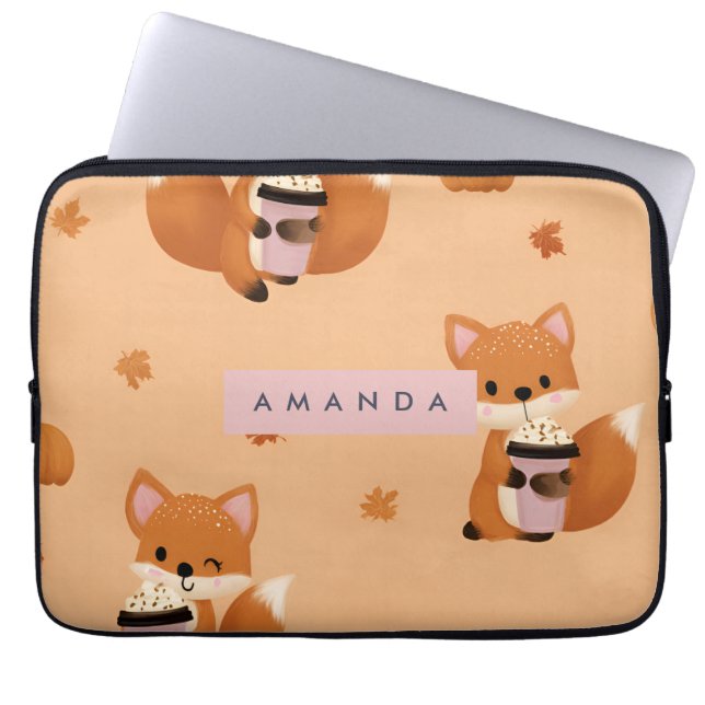 Funda Para Portátil Fox otoño personalizada con patrón de café (Frente)