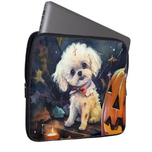 Funda Para Portátil Frisa de Bichon de Halloween con calabazas asustad