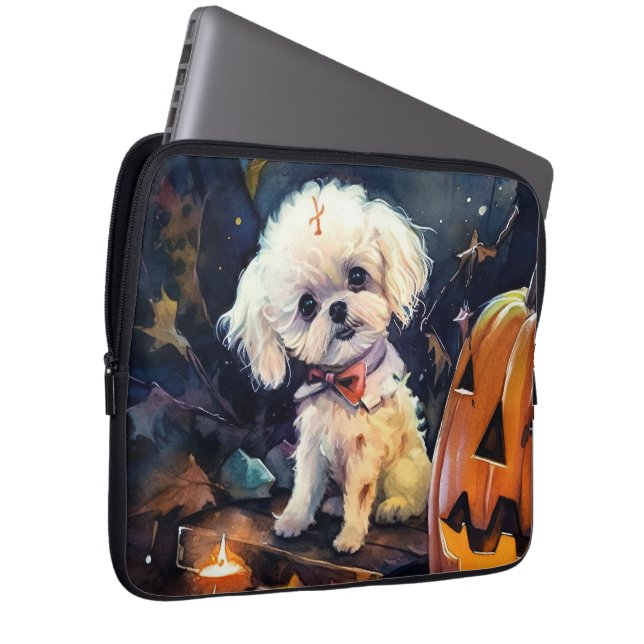 Funda Para Portátil Frisa de Bichon de Halloween con calabazas asustad (Anverso derecho)