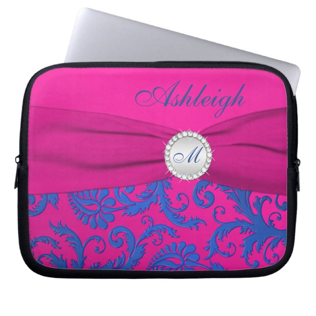 Funda para portátil Fuchsia Blue Damask FAUX Ribbo (Frente)