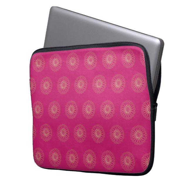 Funda Para Portátil Fuchsia | Golden Zinnia Flower Medallions (Anverso izquierdo)