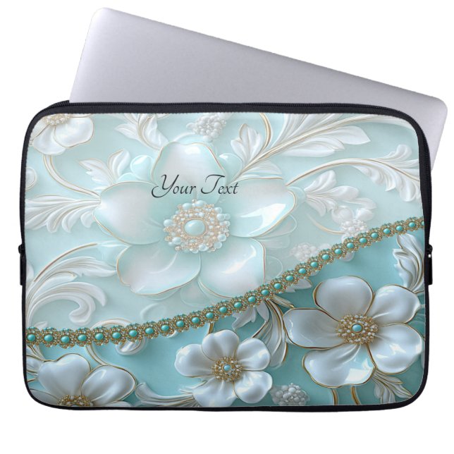 Funda Para Portátil Funda verde azulada de portátil Floral blanca (Frente)