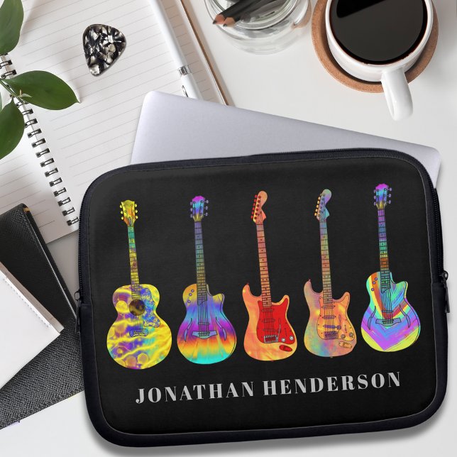 Funda Para Portátil Funky Guitar Pattern on Black add Name (Funky guitar pattern on black with personalized name music teacher guitarist musician performer )