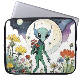Funda Para Portátil Funny Alien Picking Flowers With Full Moon