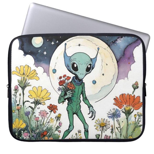 Funda Para Portátil Funny Alien Picking Flowers With Full Moon (Frente)