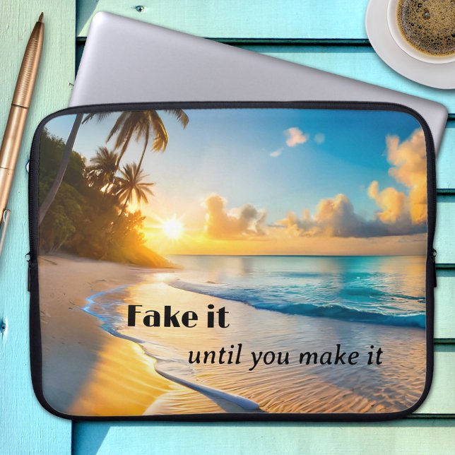 Funda Para Portátil Funny Tropical Beach Sunset Laptop Sleeve (Laptop sleeve featuring a painting of a sunset at a tropical beach with palm trees - funny texts)